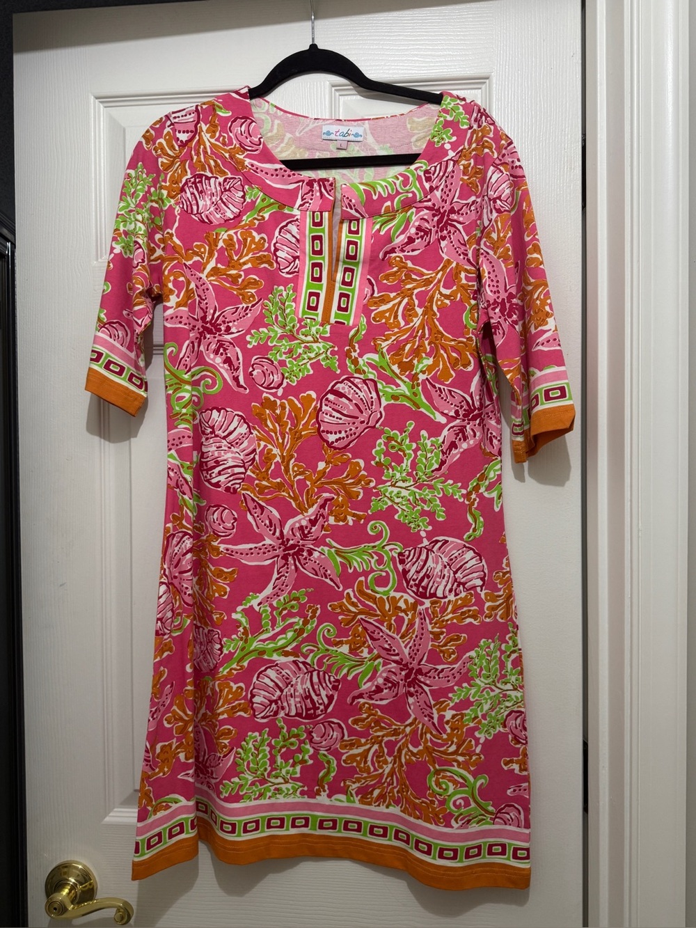 Pink Floral Midi Dress with Green & Orange Accents